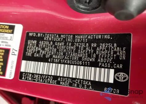 2012 Toyota Camry Se из США, поврежденный, VIN 4T1BF1FK8CU506111